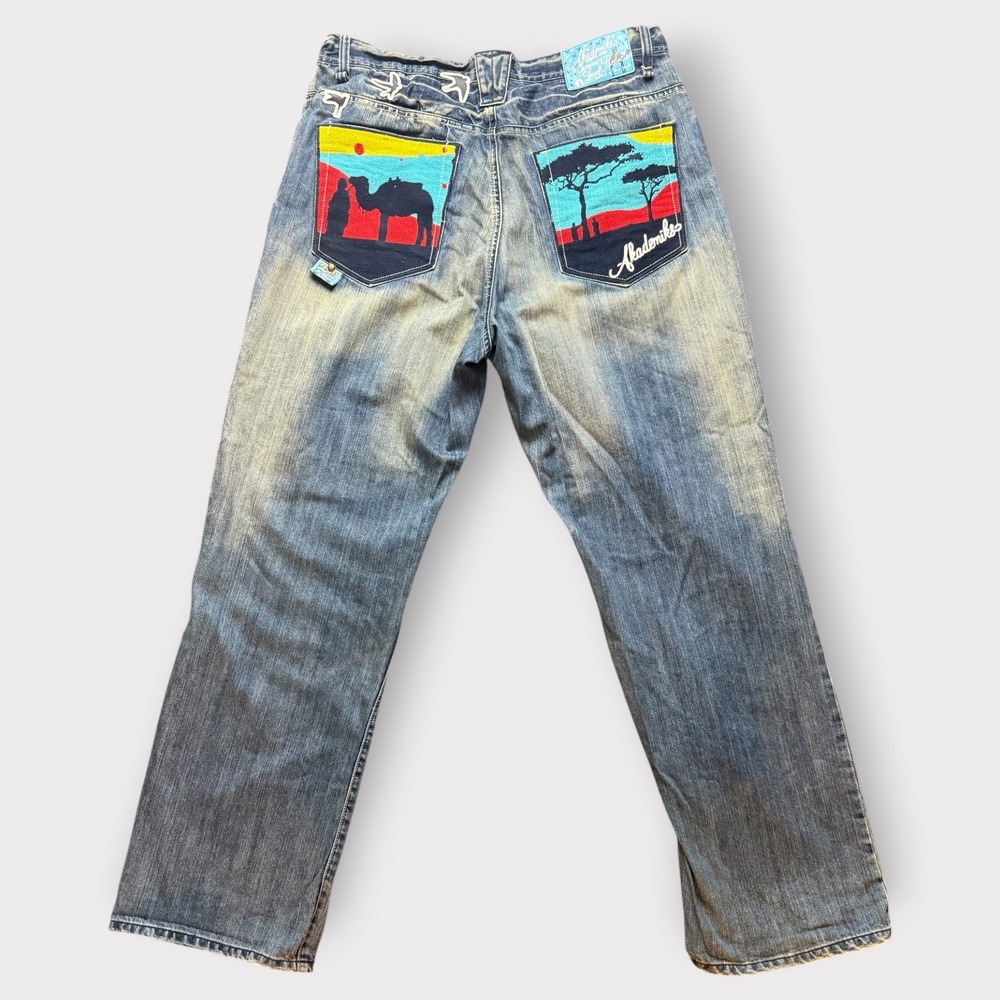 Akademiks Y2K Embroidered Desert Savanna Wide Leg Jeans Mens 34 Blue Denim